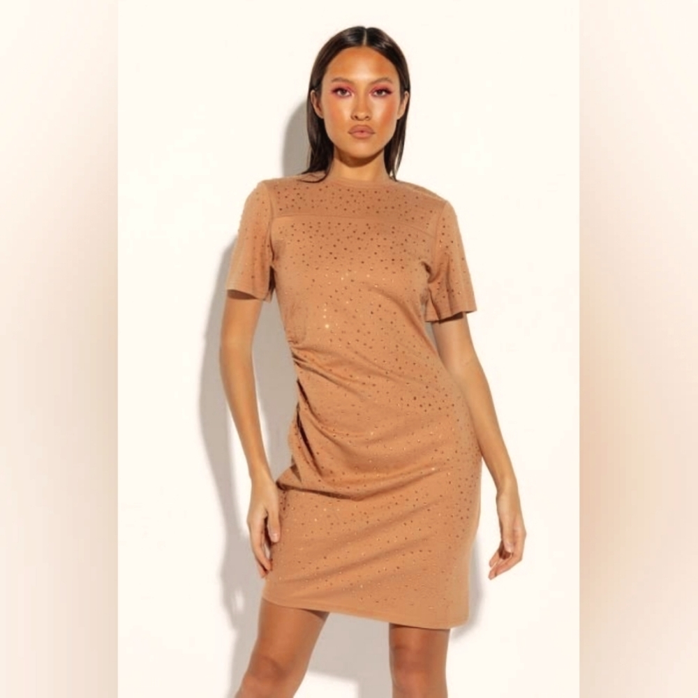 NWT Light Brown Mini T-Shirt Dress with Rhinestones Size Large